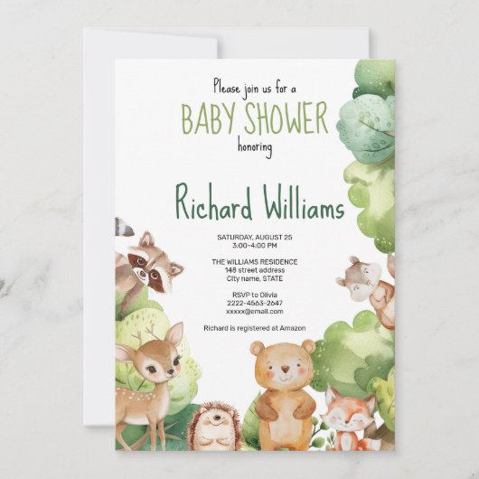 Grüne Waldtierbaby-Dusche Einladung (Vorderseite)