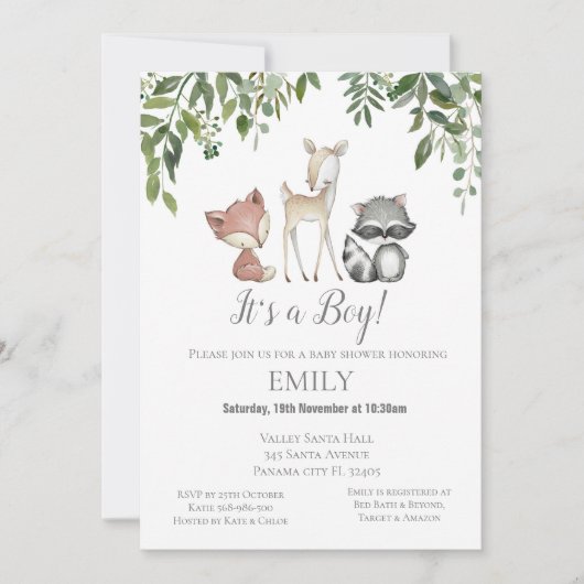 Grüne Waldtiere Einladung - Kinderdusche (Vorderseite)