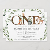 Grüne Waldtiere Holz 1. Geburtstag Einladung (Vorne/Hinten)