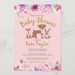 Grüne Waldtiere Rosa Florale Babyparty Einladung