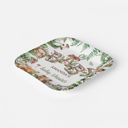 Grüne Waldtiere Rustic Boho Baby Shower Pappteller (Gewinkelt)