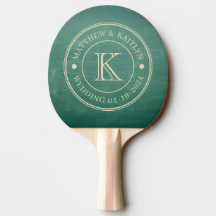 Grüne Wandtafel-Hochzeitsmonogramm Tischtennis Schläger
