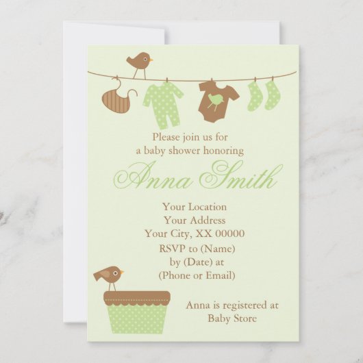 Grüne Wäscheleine-Babyparty Einladung (Vorderseite)
