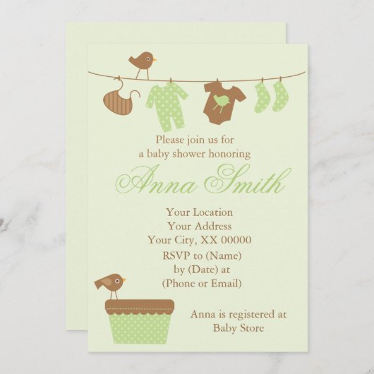 Grüne Wäscheleine-Babyparty Einladung (Vorne/Hinten)