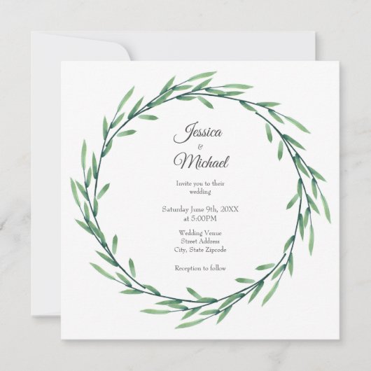 Grüne Wasserfarbe Blätter Kranz Einladung (Vorderseite)