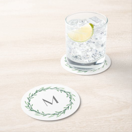 Grüne Wasserfarbe Blätter Kranz Runder Pappuntersetzer (Vor Ort)