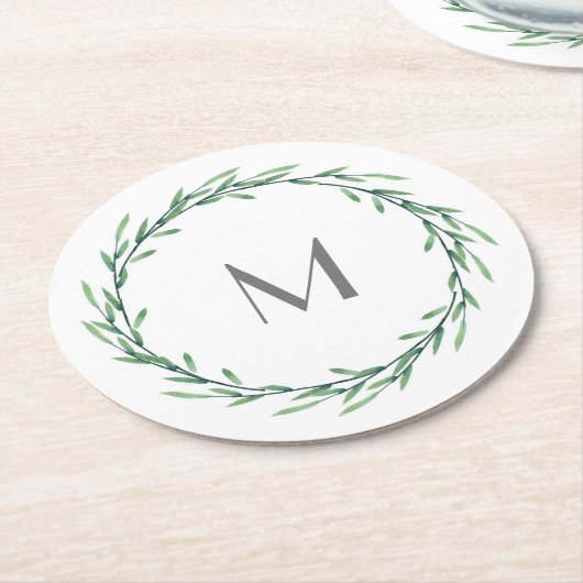 Grüne Wasserfarbe Blätter Kranz Runder Pappuntersetzer (Angewinkelt)