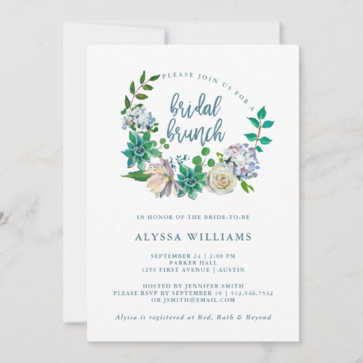Grüne Wasserfarbe Blumensukkulatur | Bridal Brunch Einladung (Vorderseite)