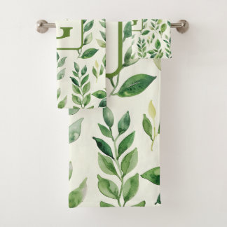 Grüne Wasserfarbe Botanische Blätter Monogramm Badhandtuch Set