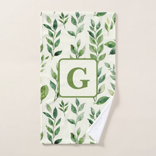 Grüne Wasserfarbe Botanische Blätter Monogramm Badhandtuch Set (Handtuch)