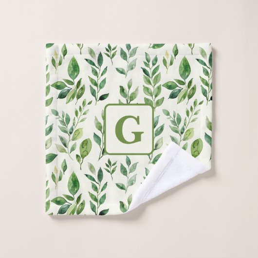 Grüne Wasserfarbe Botanische Blätter Monogramm Badhandtuch Set (Waschlappen)