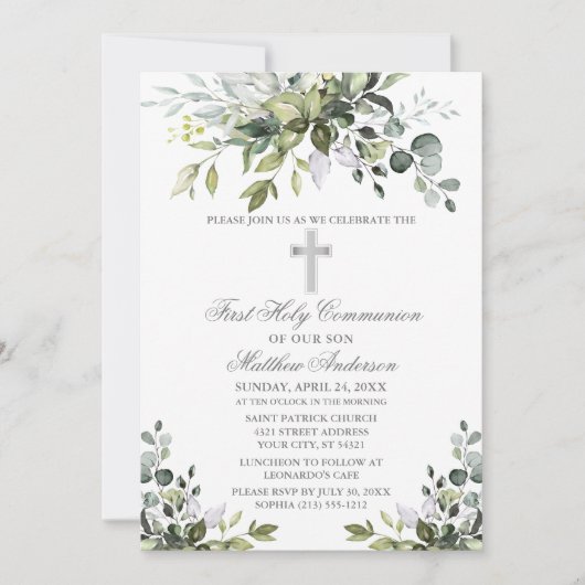 Grüne Wasserfarbe Erste Kommunion Silber Einladung (Vorderseite)