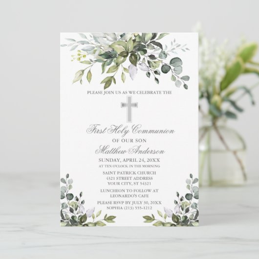 Grüne Wasserfarbe Erste Kommunion Silber Einladung (Stehend Vorderseite)