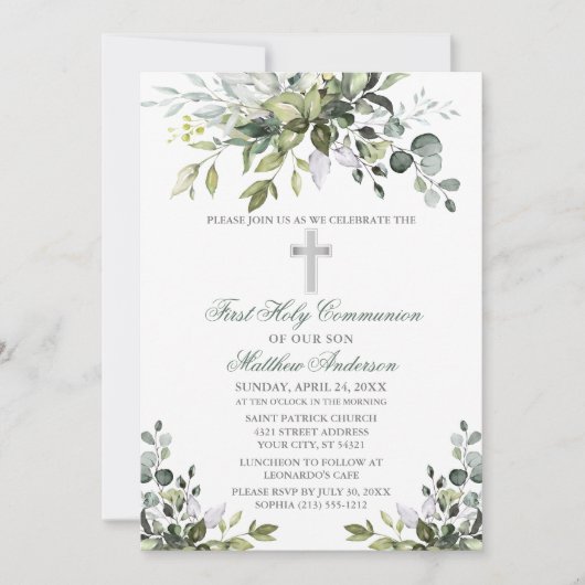 Grüne Wasserfarbe Erste Kommunion Weide Grün Einladung (Vorderseite)