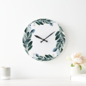 Grüne Wasserfarbe Grüne Blätter Botanische Rustika Große Wanduhr (Zuhause)