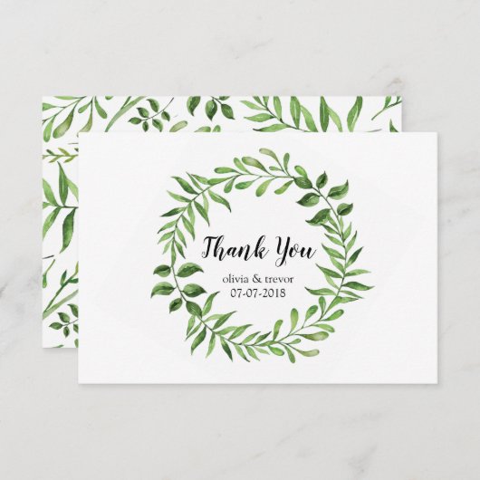 Grüne Wasserfarbe Grüner Kranz Botanische Hochzeit Dankeskarte (Vorne/Hinten)