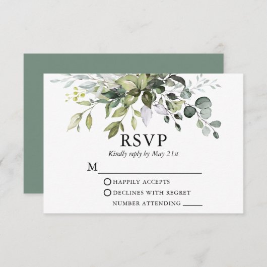 Grüne Wasserfarbe Hochzeitssage Grüne RSVP-Karte RSVP Karte (Vorne/Hinten)