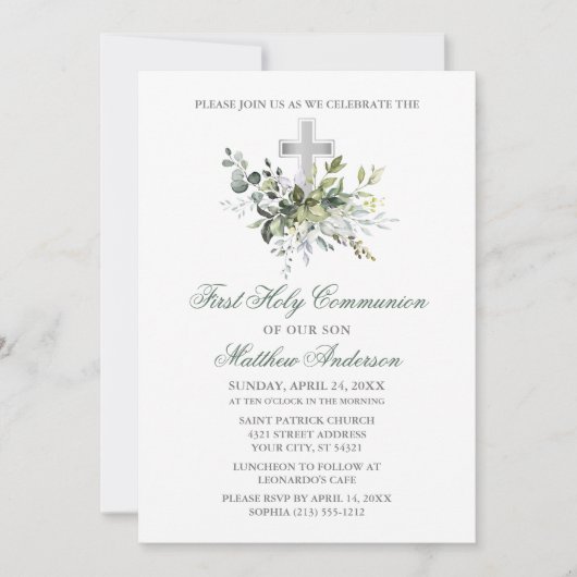 Grüne Wasserfarbe Kommunion Sage Green Silver Einladung (Vorderseite)