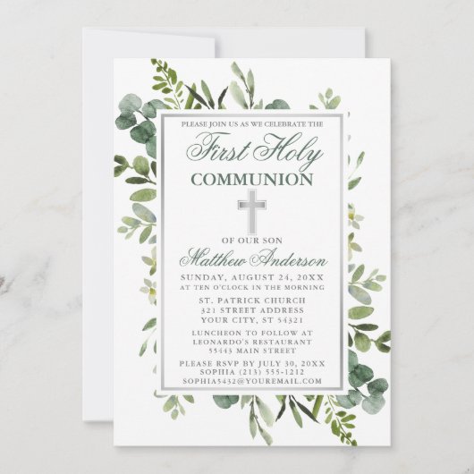 Grüne Wasserfarbe Kommunion Silver Sage Green Einladung (Vorderseite)