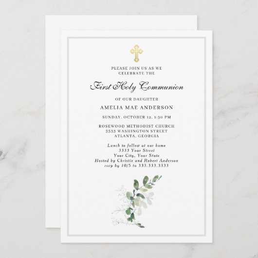 Grüne Wasserfarbe Kreuz Erste Heilige Kommunion Einladung (Vorne/Hinten)