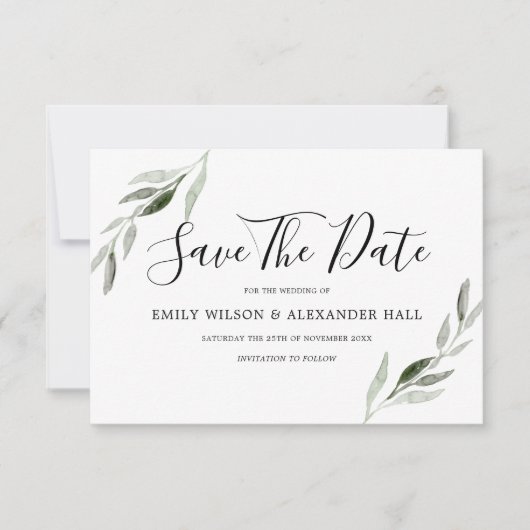 Grüne Wasserfarbe Leaf Moderne Hochzeit Save The Date (Vorderseite)