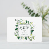 Grüne Wasserfarbe Leaf und Gelbe Blume | Hochzeit RSVP Karte (Stehend Vorderseite)