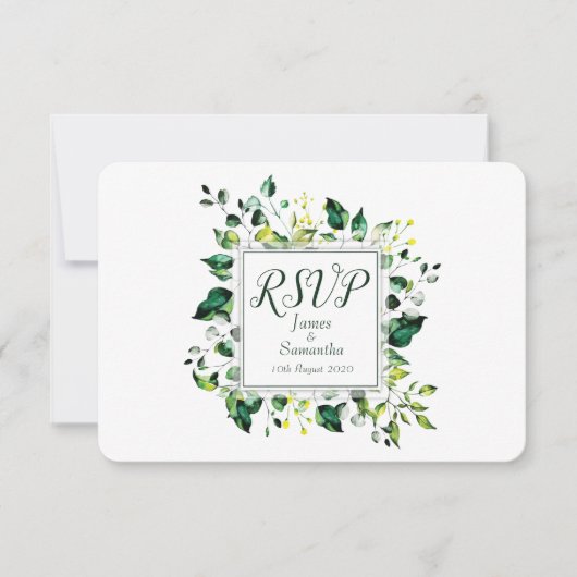 Grüne Wasserfarbe Leaf und Gelbe Blume | Hochzeit RSVP Karte (Vorderseite)