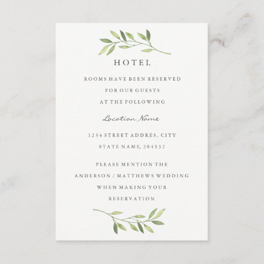 Grüne Wasserfarbe Leaf Wedding Hotel Unterkunft Begleitkarte (Vorderseite)