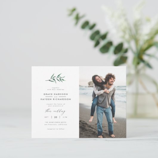 Grüne Wasserfarbe | Minimalistische Foto-Hochzeit Einladungspostkarte (Stehend Vorderseite)