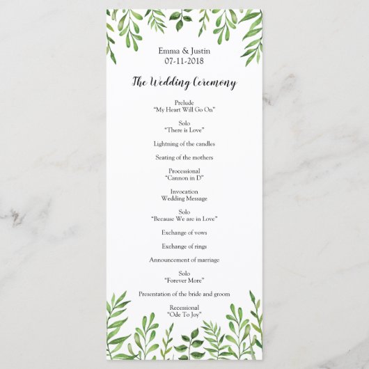 Grüne Wasserfarbe Moderne botanische Hochzeitskart Programm (Rückseite)