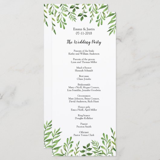 Grüne Wasserfarbe Moderne botanische Hochzeitskart Programm (Vorne/Hinten)