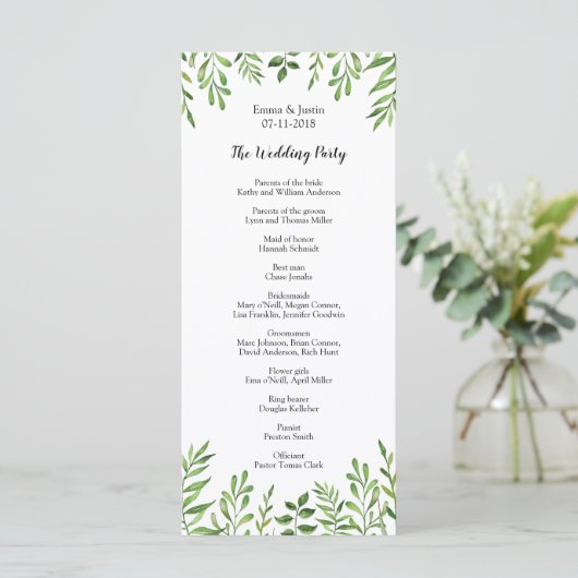 Grüne Wasserfarbe Moderne botanische Hochzeitskart Programm (Stehend Vorderseite)