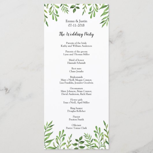 Grüne Wasserfarbe Moderne botanische Hochzeitskart Programm (Vorderseite)