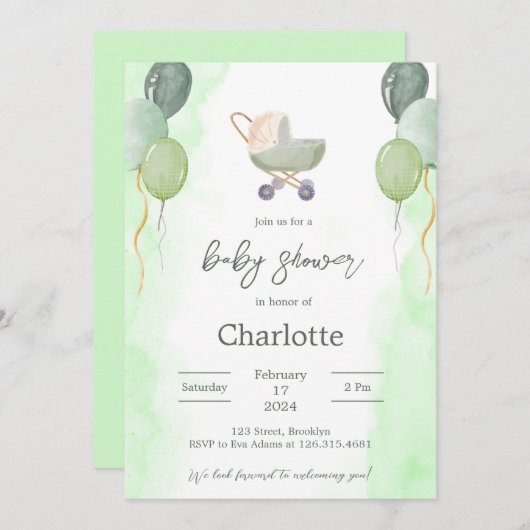 Grüne Wasserfarbe Niedliche Kinderdusche Einladung (Vorne/Hinten)