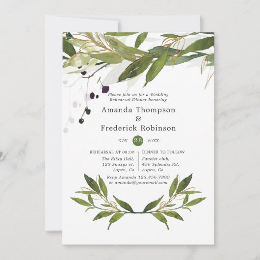 Grüne Wasserfarbe Probe Hochzeit Abendessen Einladung (Vorderseite)