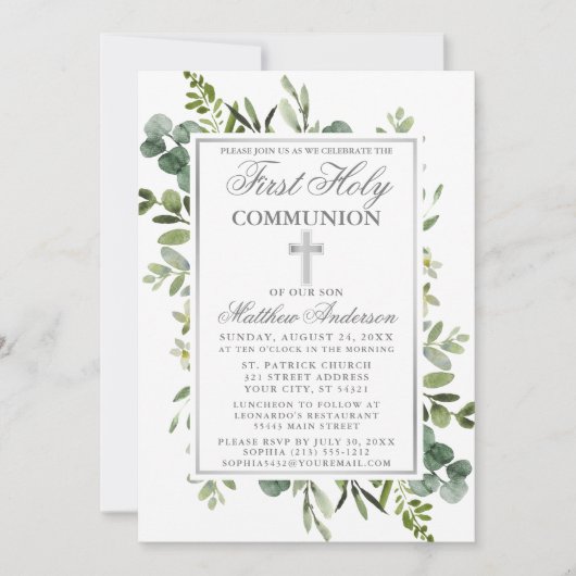 Grüne Wasserfarbe Silber Erste Kommune Einladung (Vorderseite)