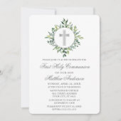 Grüne Wasserfarbe Silber Kreuz Erste Kommune Einladung (Vorderseite)