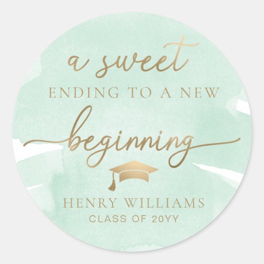 Grüne Wasserfarbe Süß Neuer Beginnender Abschluss Runder Aufkleber (Vorderseite)