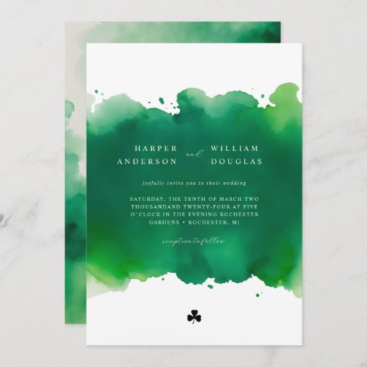Grüne Wasserfarbe und Kleeblatt Einladung (Vorne/Hinten)