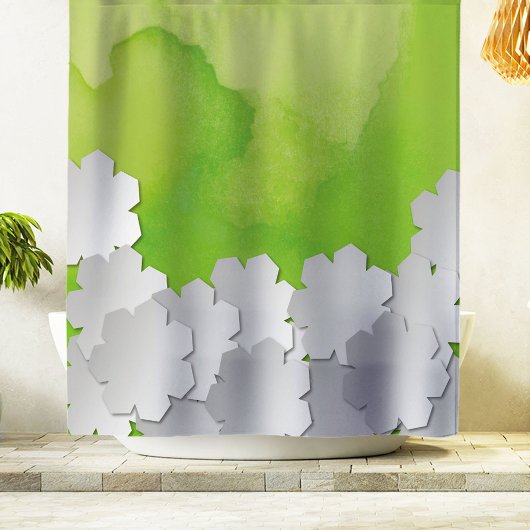 Grüne Wasserfarbe und weiße Blume Duschvorhang