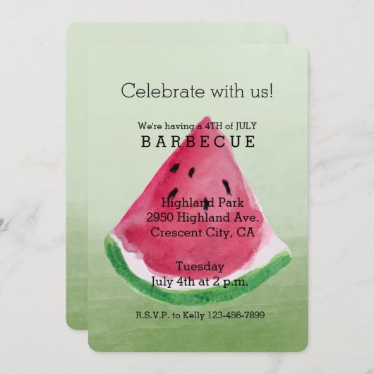 Grüne Wasserfarbe Watermelon Barbecue Einladung (Vorne/Hinten)
