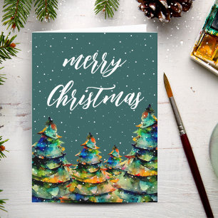 Grüne Wasserfarbe Weihnachtsbaum-Schneeflocken  Feiertagskarte
