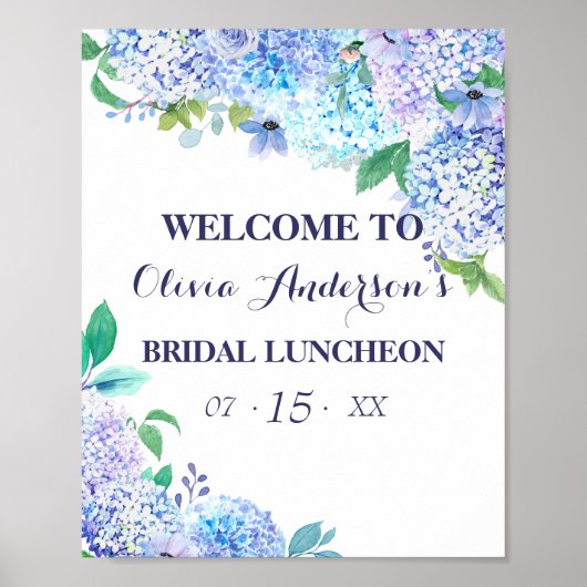 Grüne Wasserfarben Blue Hydrangea Bridal Luncheon Poster (Vorne)