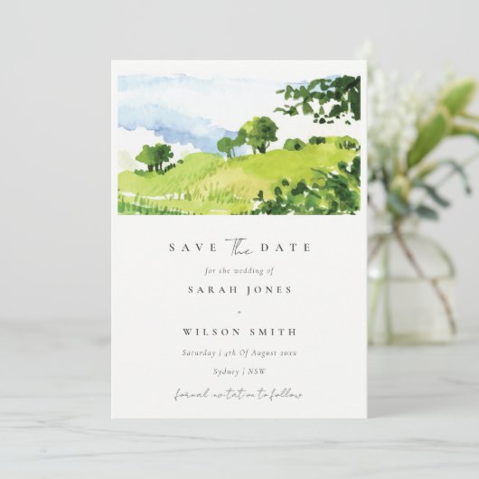Grüne Wasserfarben Landschaft Hügel Save the Date Einladung (Stehend Vorderseite)