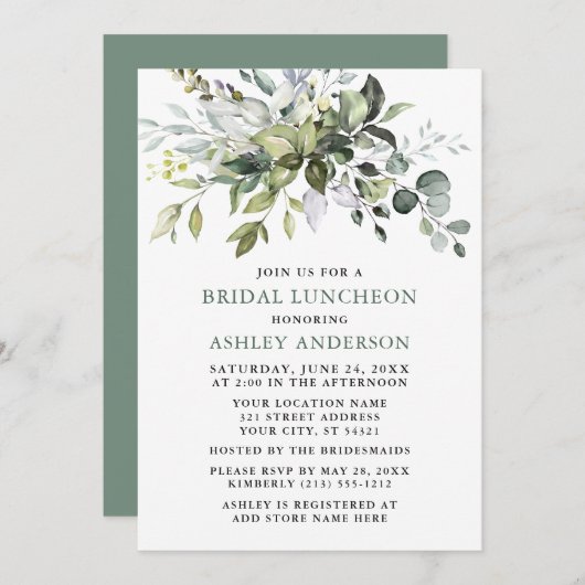 Grüne Wasserfarben Sage Green Bridal Luncheon Einladung (Vorne/Hinten)