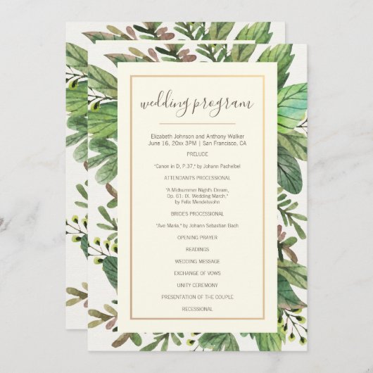 Grüne Wasserfarben und Woodsy-Hochzeit Programm (Vorne/Hinten)