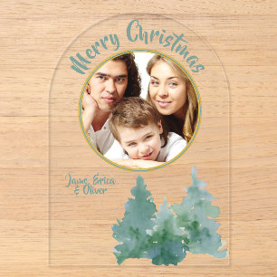 Grüne Wasserfarben-Weihnachtsbaum-Foto-Feiertagska Acryleinladungen
