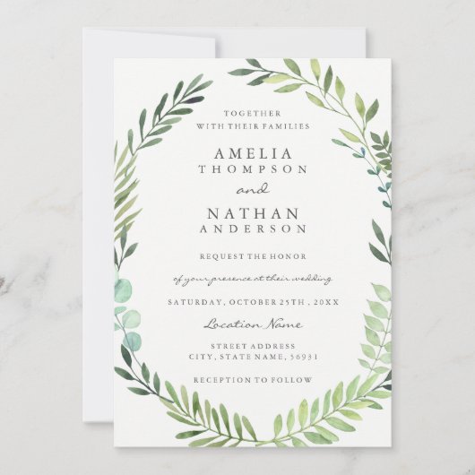 Grüne Wasserfarbenleder Kranz Einladung zur Hochze (Vorderseite)