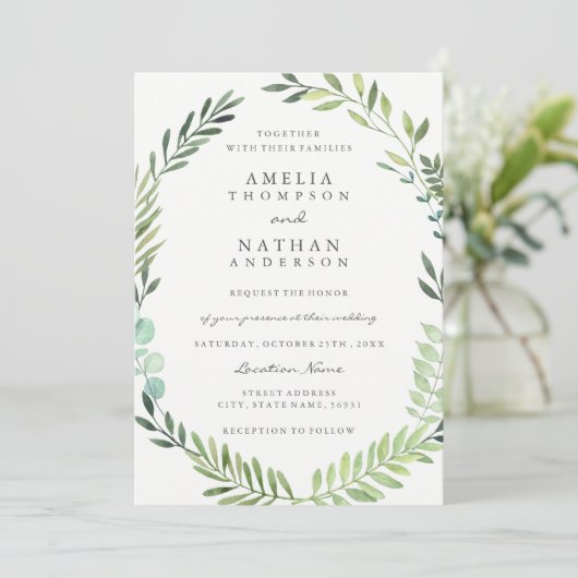 Grüne Wasserfarbenleder Kranz Einladung zur Hochze (Stehend Vorderseite)