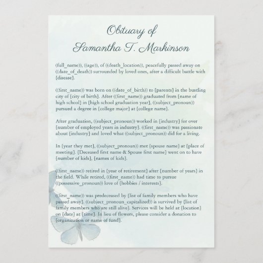 Grüne Wasserfarbenschmetterlingsbeerdigung Programm (Rückseite)